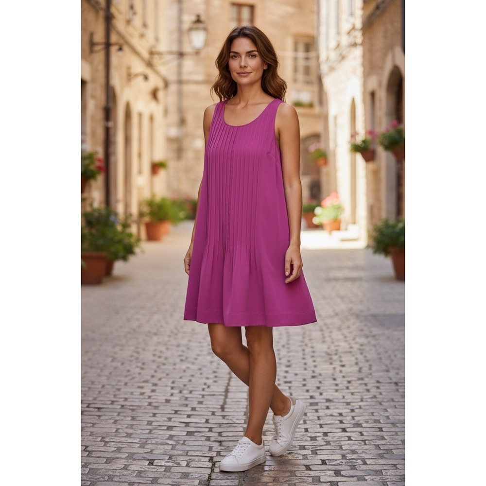 Lauren Ralph Lauren Magenta Pink Pintuck Pleated Sleeveless Shift Dress 14 Chic
